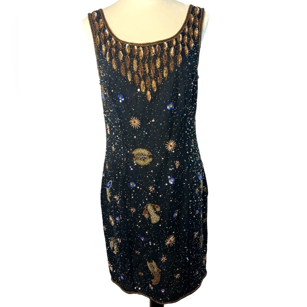 Together! Vintage 100% Silk Hand Beaded RARE Celestial Mini Dress  SZ 8 EUC